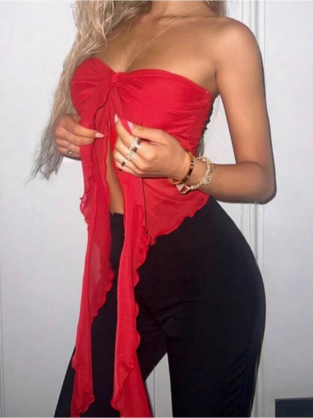 Red Sheer Mesh Strapless Tie-Front Tube Top